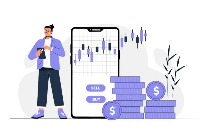 Online Stock Trading with Mobile Flat Design Illustration